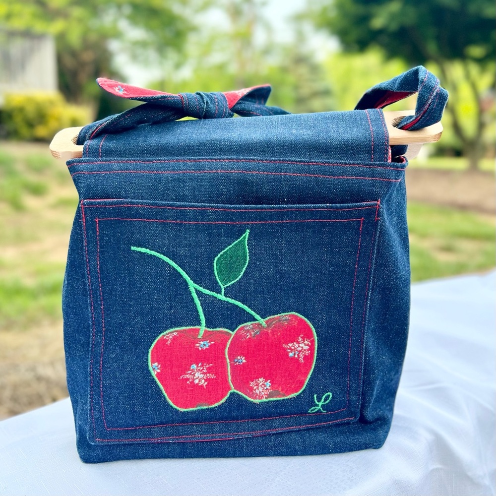 Vintage Hand Made Retro Denim Delights Apple Denim & Wood Slat Tote